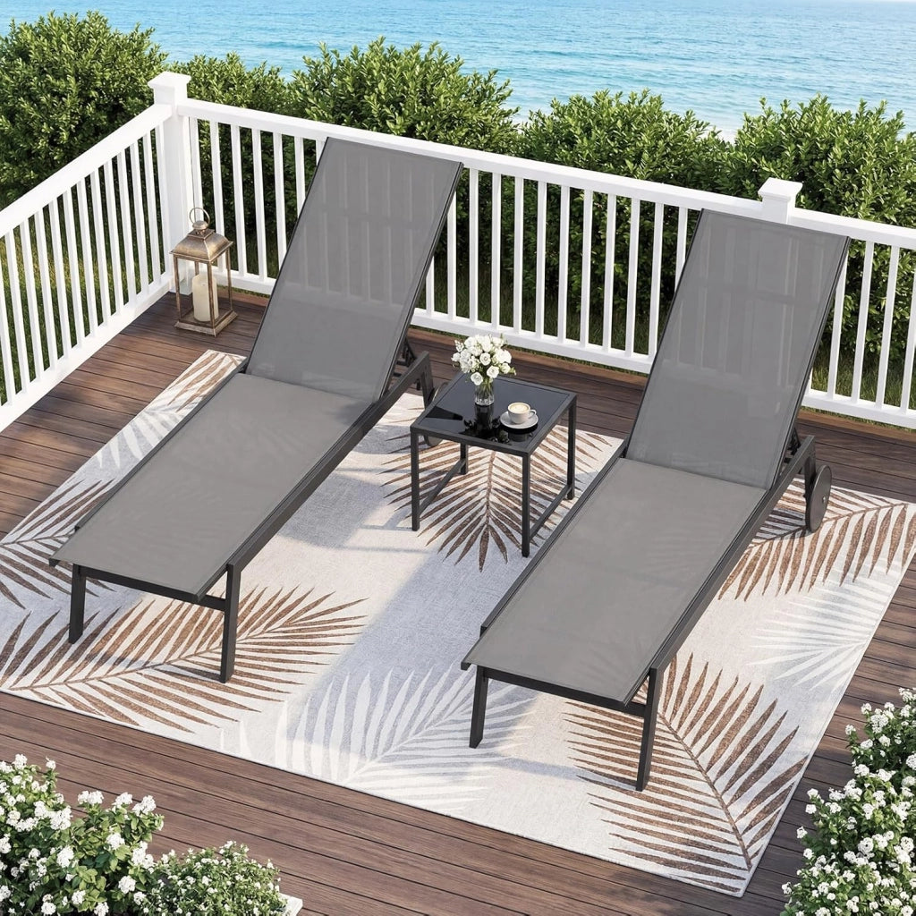 Set di 2 Sdraio da Giardino Reclinabili, Sedia da Abbronzatura Piatta in Metallo Resistente con Schienale 6 Posizioni e Tessuto Traspirante, per Bordo Piscina e Terrazza (Grigio,2)