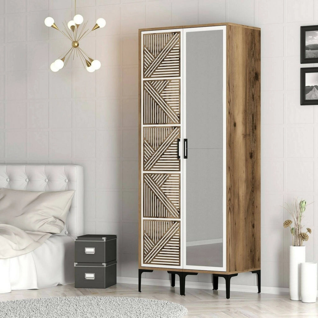 Guardaroba 2 ante Ramallah, Mobile camera da letto, Cabina armadio portabiti, Armadio appendiabiti, 80x201h48 cm, Noce e Bianco