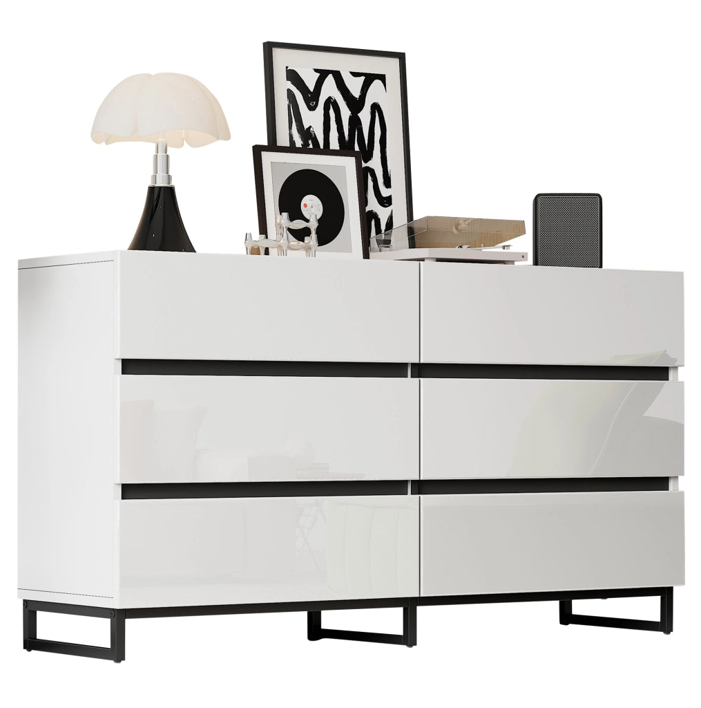 Credenza ULEVR 140x39,5x78,5 cm con 6 cassetti e gambe in metallo, bianco e nero