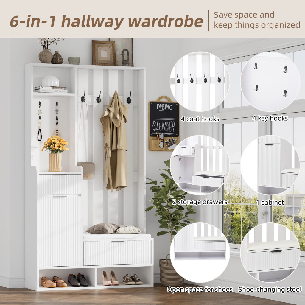 Mobile da Ingresso con 8 Ganci; 2 Cassetti; 1 Armadio; 4 Vani Aperti e Panchina per Scarpe; in Truciolare; 100 × 30 × 180 cm; Bianco