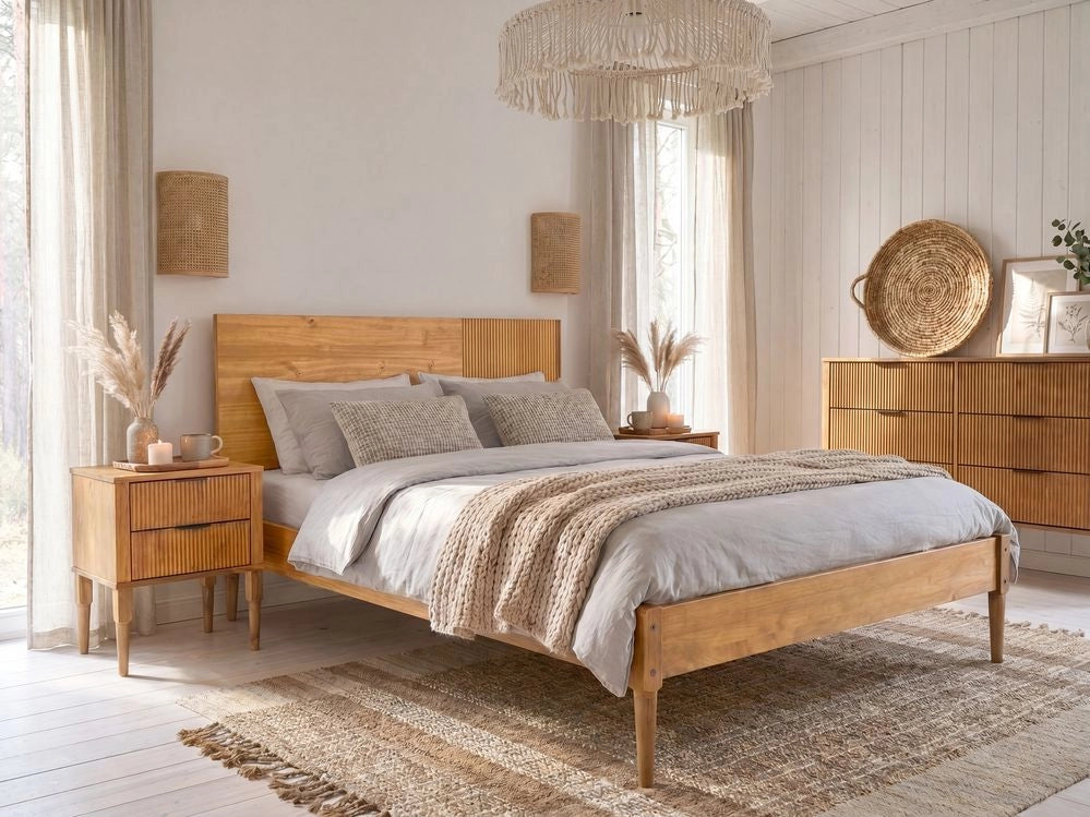Letto con rete in legno di pino naturale color marrone chiaro, 140 x 200 cm, con testiera in stile scandinavo