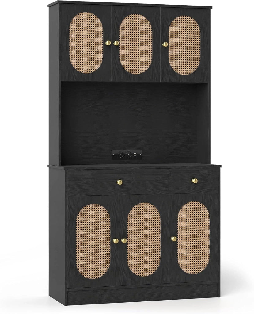 Credenza Buffet da Cucina, Armadio Alto con Ante in Rattan PE, 2 Cassetti e Stazione di Ricarica, 100 x 40 x 180 cm, Mobile Ausiliario in Legno per Sala da Pranzo, Soggiorno, Nero/Bianco