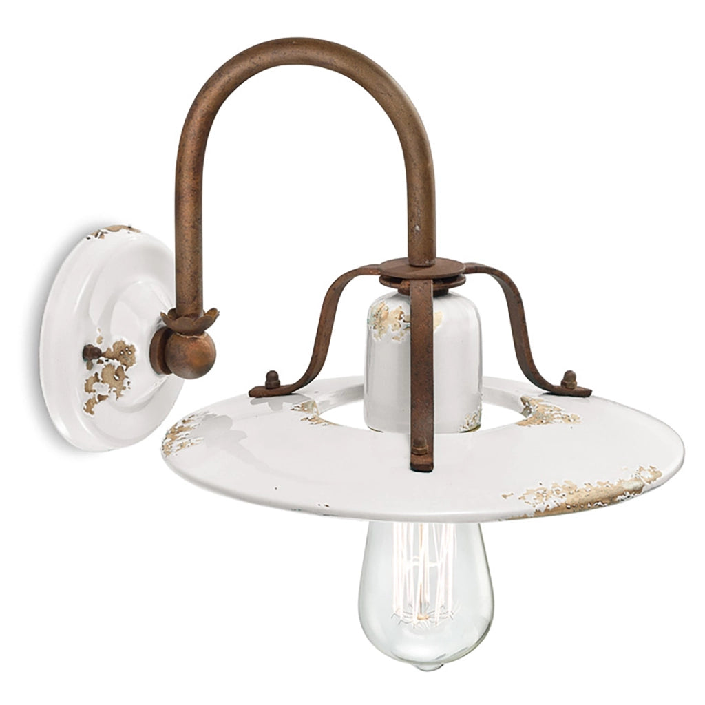 Applique Vintage Country Ferro E Ceramica Bianco 1 Luce E27 25Cm