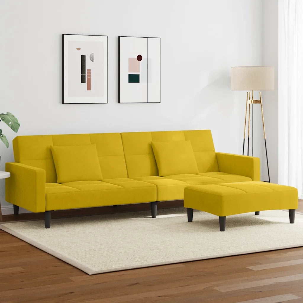 Divano Letto 2 Posti con Sgabello Giallo in Velluto
