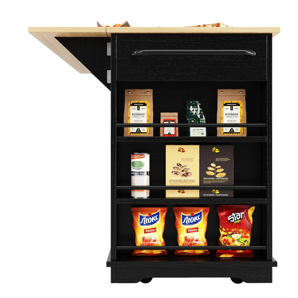 OKWISH Carrello da cucina con 2 Cassetti e 6 Vani, Piano Ribaltabile, Prese di Corrente e Portaasciugamani, per Cucina, MDF e Metallo, Nero e Naturale
