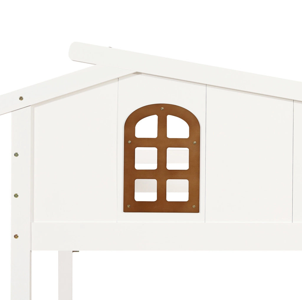 Letto a castello per bambini con 2 cassetti, scala ad angolo e finestre decorative