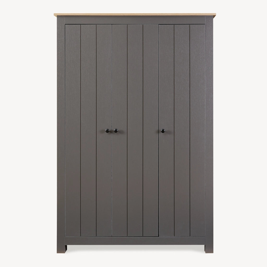Armadio Guardaroba Vasand a 3 Ante con Barre Appenditi e Ripiani 175x120x52 cm Grigio / Effetto Rovere [en.casa]