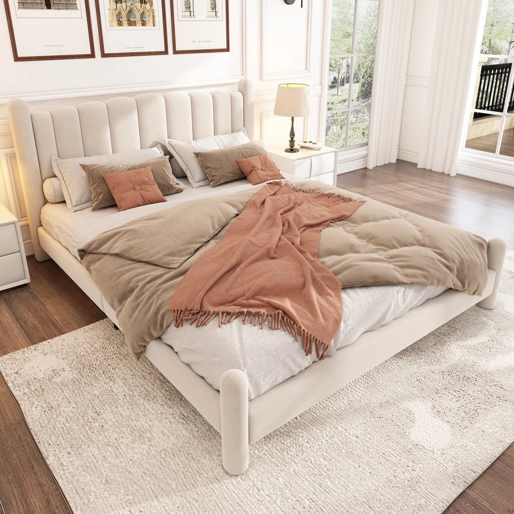 Letto Matrimoniale 180x200 cm; 2 Posti - Testiera ondulata e gambe cilindriche - Beige