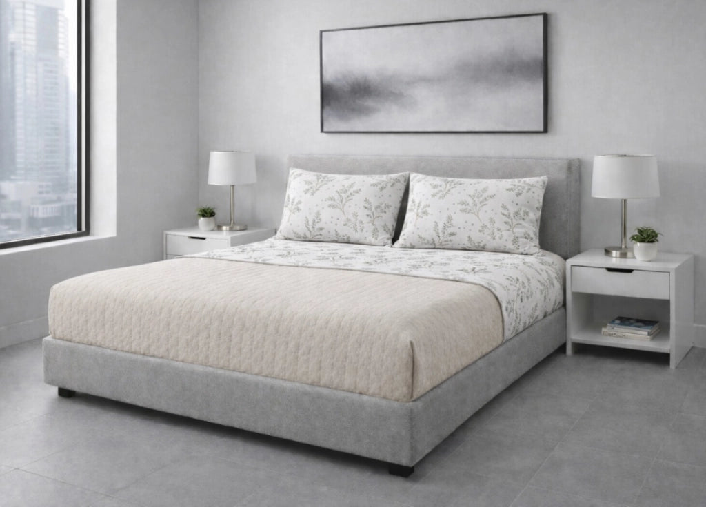 Completo Lenzuola Letto 100% Cotone Made In Italy Disegno Sambuco - Piazza e Mezza - Perla
