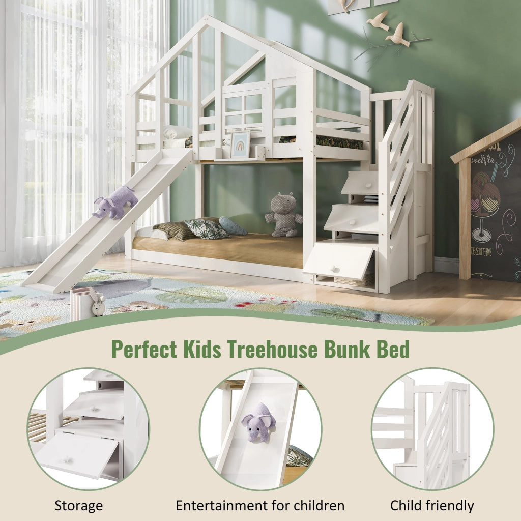 Letto a Castello 90 x 200 cm; 2 Posti - con Scivolo e Scale Contenitore - Bianco