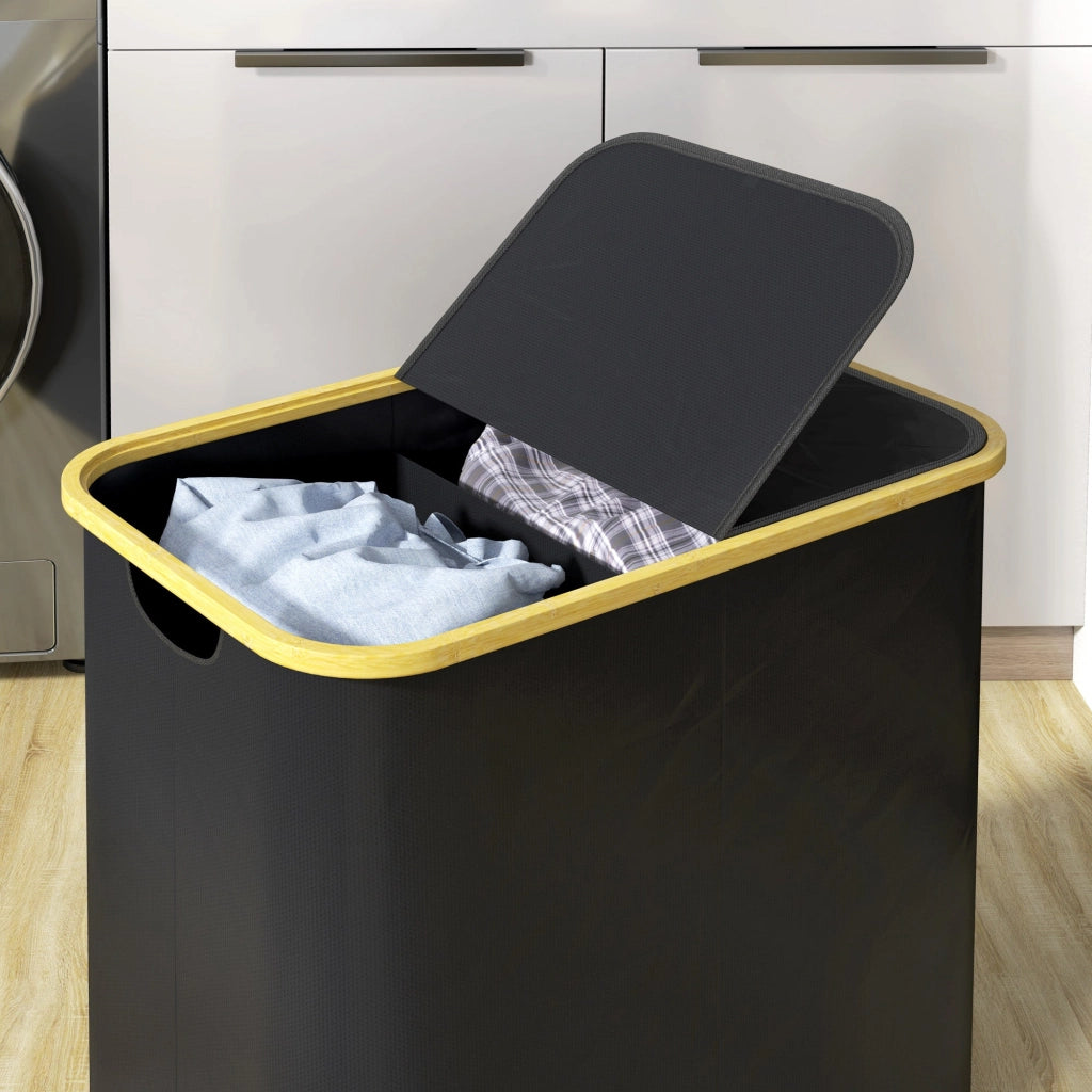 Cesto Portabiancheria da 80L a 2 Sezioni con Coperchio 54x34x58,5 cm in Tessuto non Tessuto e Bambù Nero