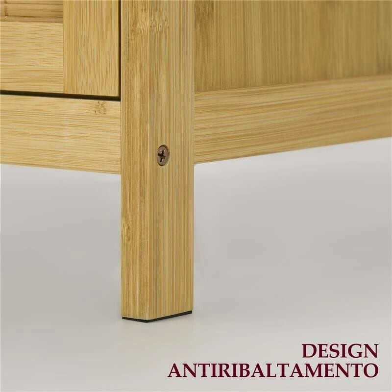 CREDENZA STILE BOHO IN RATTAN E BAMB¨ CON 2 ANTE E MENSOLA INTERNA, 60X27X67.5CM, COLORE LEGNO