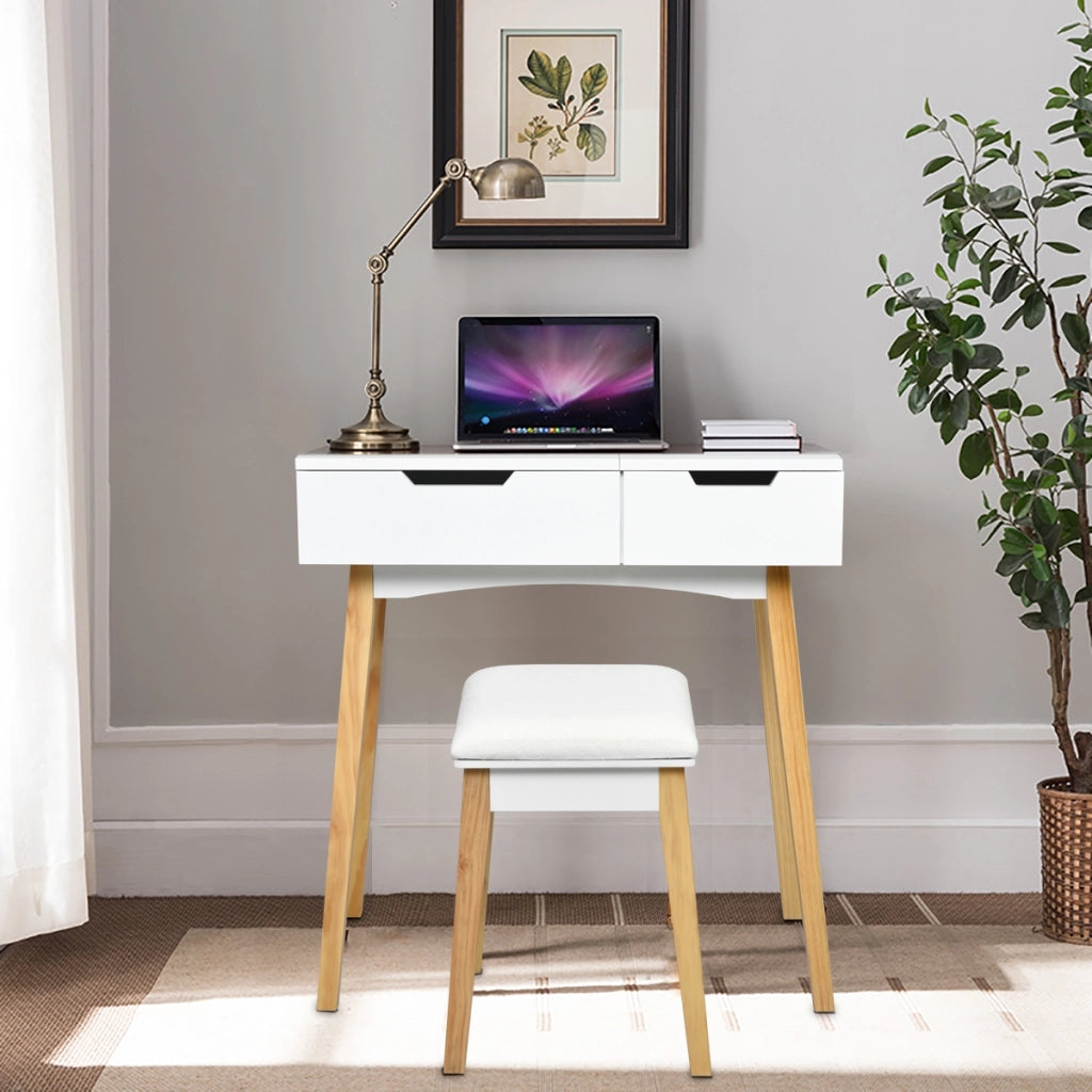 Toeletta con specchio ermetico, Toeletta di legno con sgabello e cassetto, Bianco-Tavoli da trucco