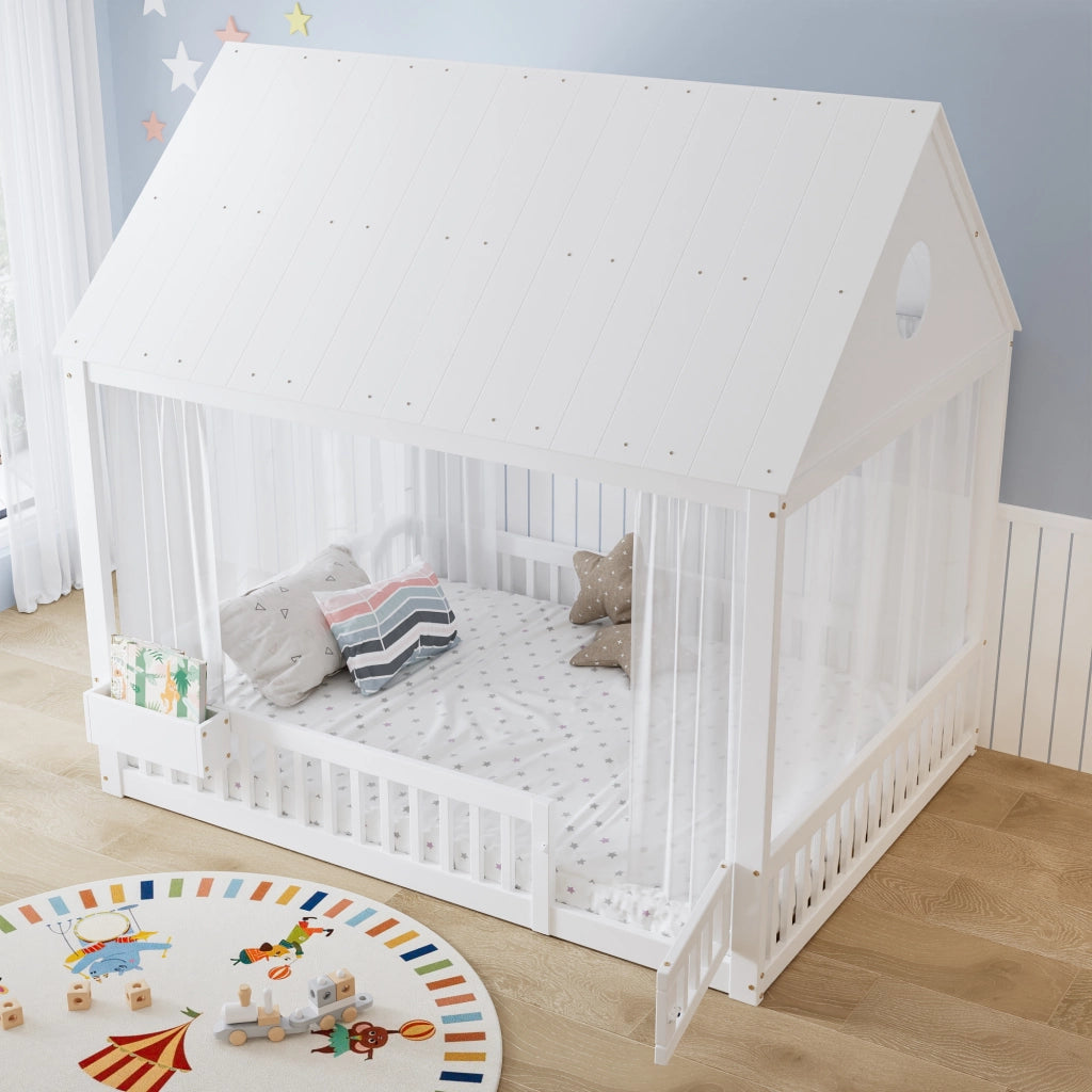 Letto Casetta 140x200 cm; Letto Singolo - Vano Contenitore e Tende - Legno - Bianco
