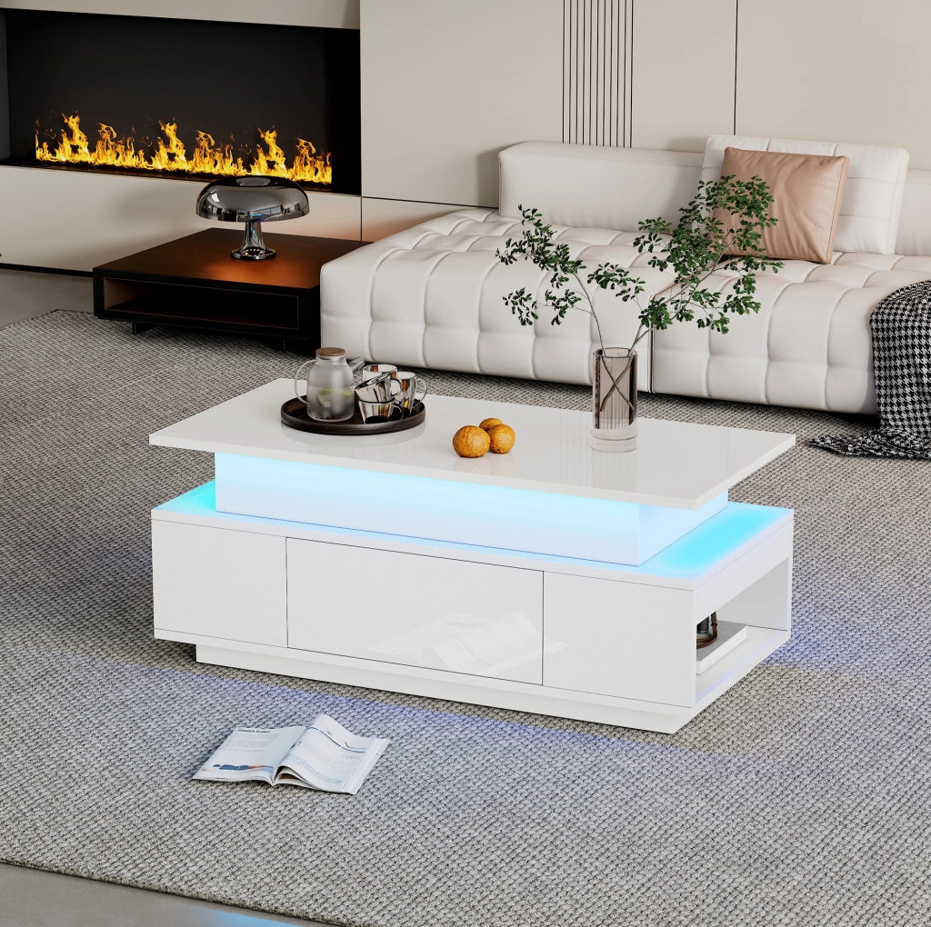 Tavolino da caffè sollevabile 96x45x40 cm con LED; contenitore e cassetto; bianco lucido