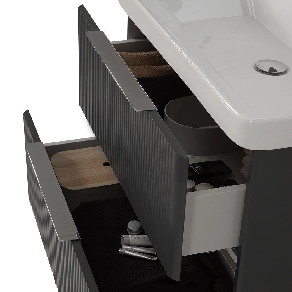 Mobile bagno sospeso 80cm antracite cannettato con cassetti, specchio e lavabo Mia
