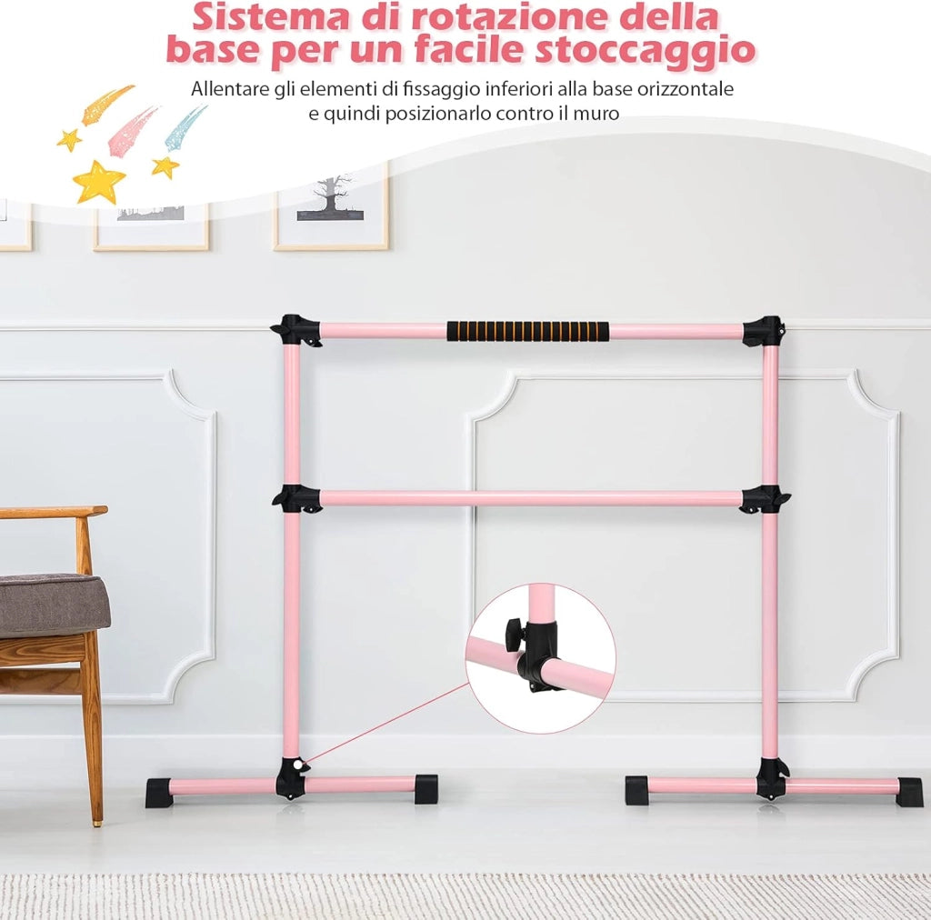 Sbarra da Balletto Doppia in Metallo, Portatile e Regolabile in Altezza con Cuscinetti Antiscivolo e Base Girevole, Ideale per Allenamento Stretch, Carico Massimo 50 kg