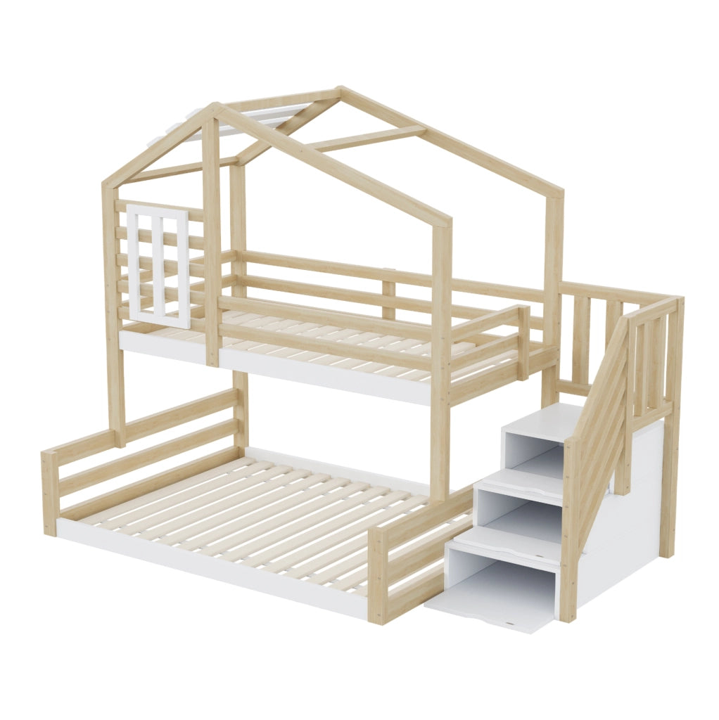 Letto a castello per bambini in pino e MDF con scala contenitore
