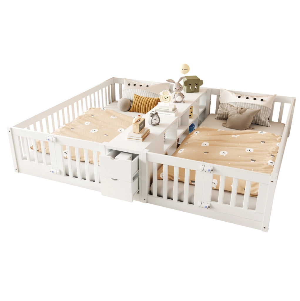 Letto doppio 90x200 cm bianco in legno con cassetti e scaffale centrale