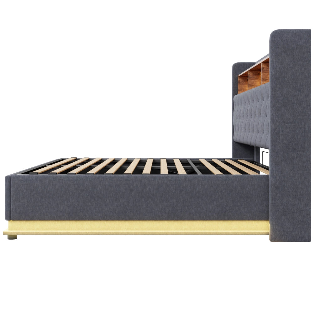 DESMIU Letto con contenitore 160 × 200 cm 2 posti con LED, USB e vano idraulico, senza materasso, grigio