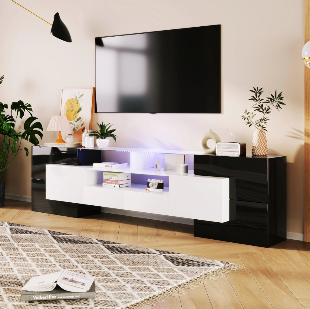 Mobile TV 200 cm con LED; 4 ante; 2 cassetti; 3 scomparti; nero e bianco