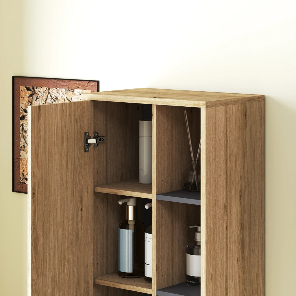 Colonna Bagno Armadietto Parete con Ante e Ripiani Aperti ¨C Minimal ¨C 40x24x141,5 cm Legno Naturale