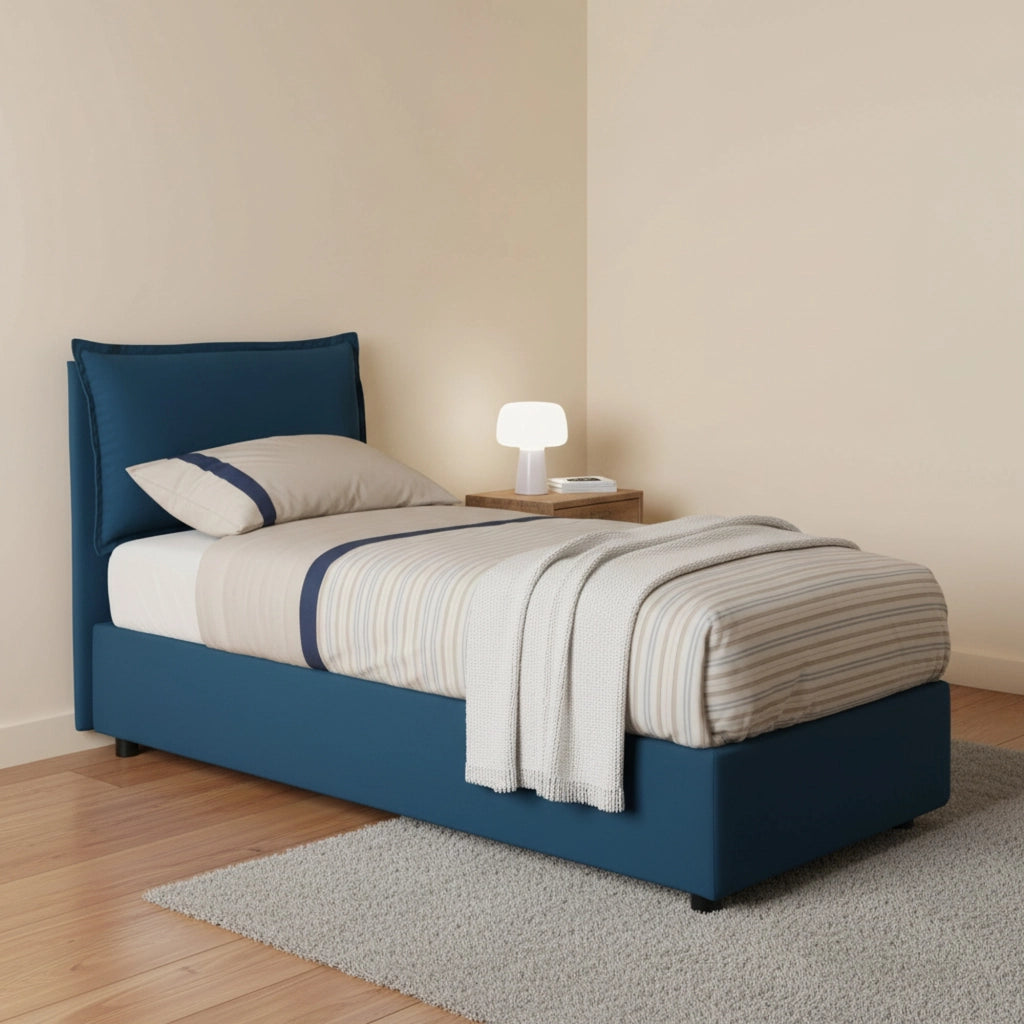 Letto singolo Azzurrino, Letto contenitore con rivestimento in tessuto, Made in Italy, Apertura frontale, adatto per materasso cm 80x200, Blu