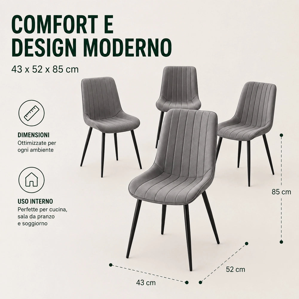 Set 4 Sedie da Pranzo Grigio in Velluto Seduta Ergonomica e Struttura Acciaio