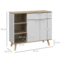 Mobile Multiuso Salvaspazio con 3 Ripiani Aperti, Armadietto e Cassetto, in Truciolato, 95x35x85 cm