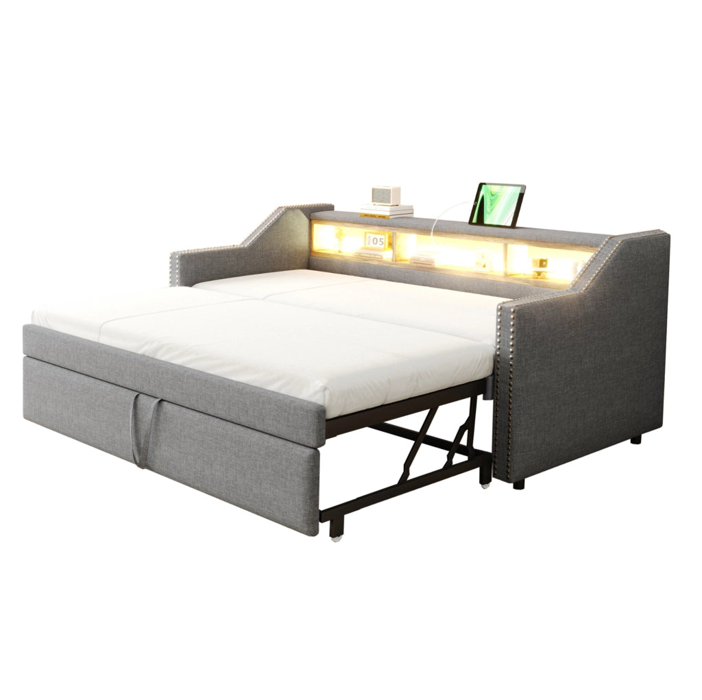 Divano letto imbottito estraibile 90/180 x 190 cm con vani portaoggetti; LED e USB; grigio chiaro