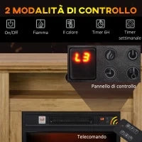 Caminetto Elettrico 1800W con Fiamma 3D, Timer e Telecomando, in Legno, Metallo e Vetro, 81.5x30x76.2 cm, Marrone
