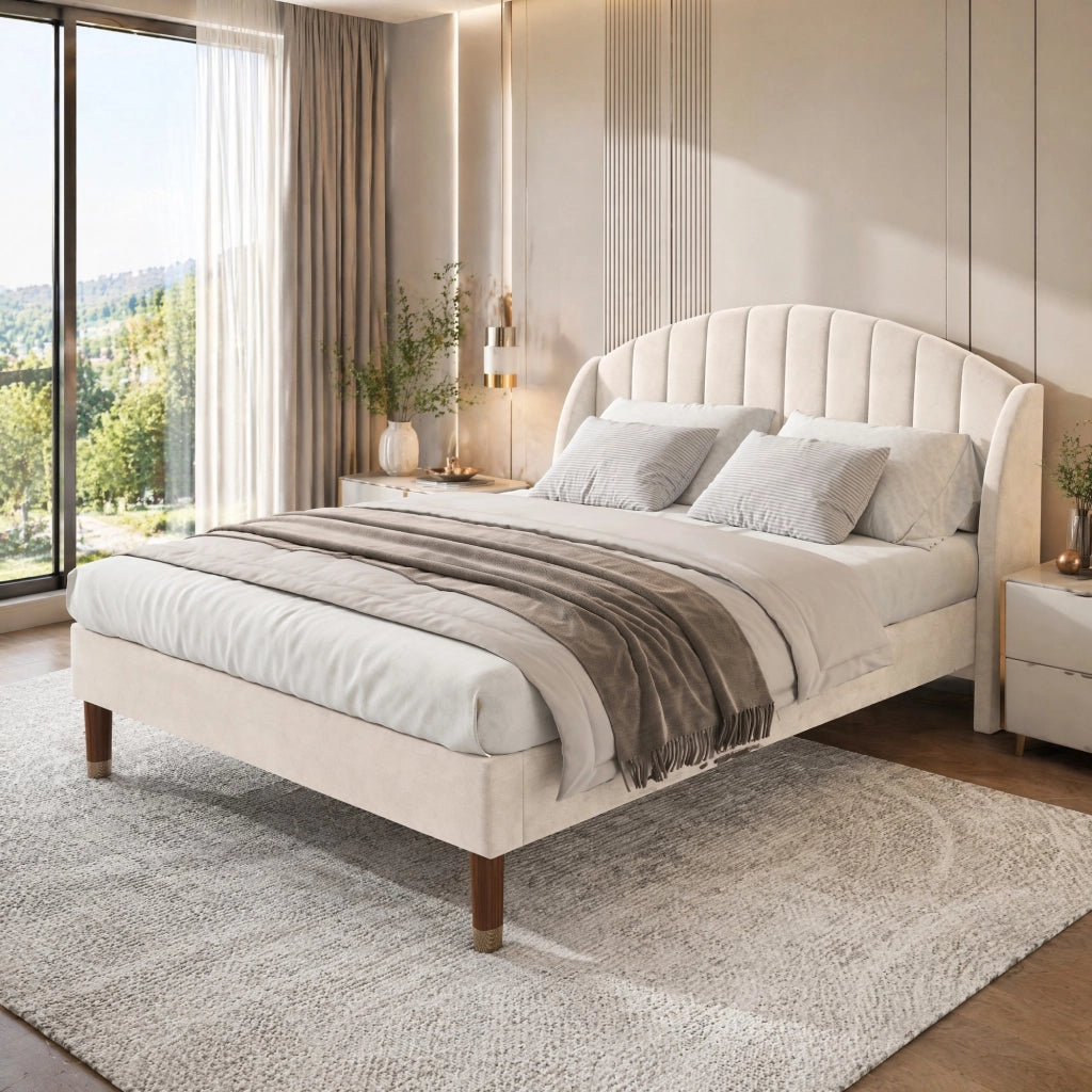 Letto imbottito matrimoniale 140x200 cm con rete a doghe; testiera in velluto beige