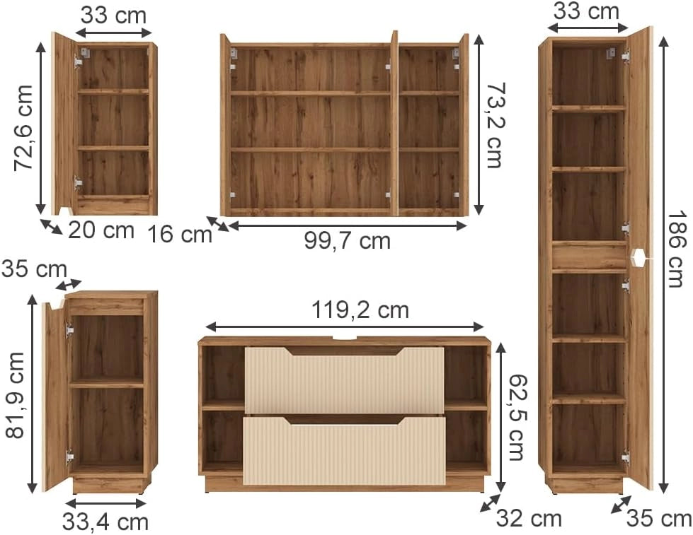 Set di mobili da bagno Lotta, Rovere/cashmere a righe, 5 parti
