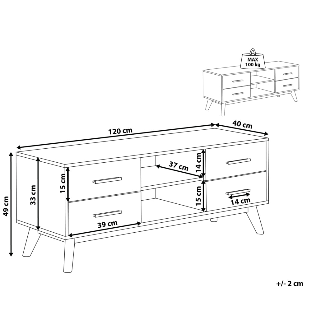 Mobile TV in legno chiaro con bianco per TV fino a 55ʺ con 4 cassetti e 2 ripiani rustico