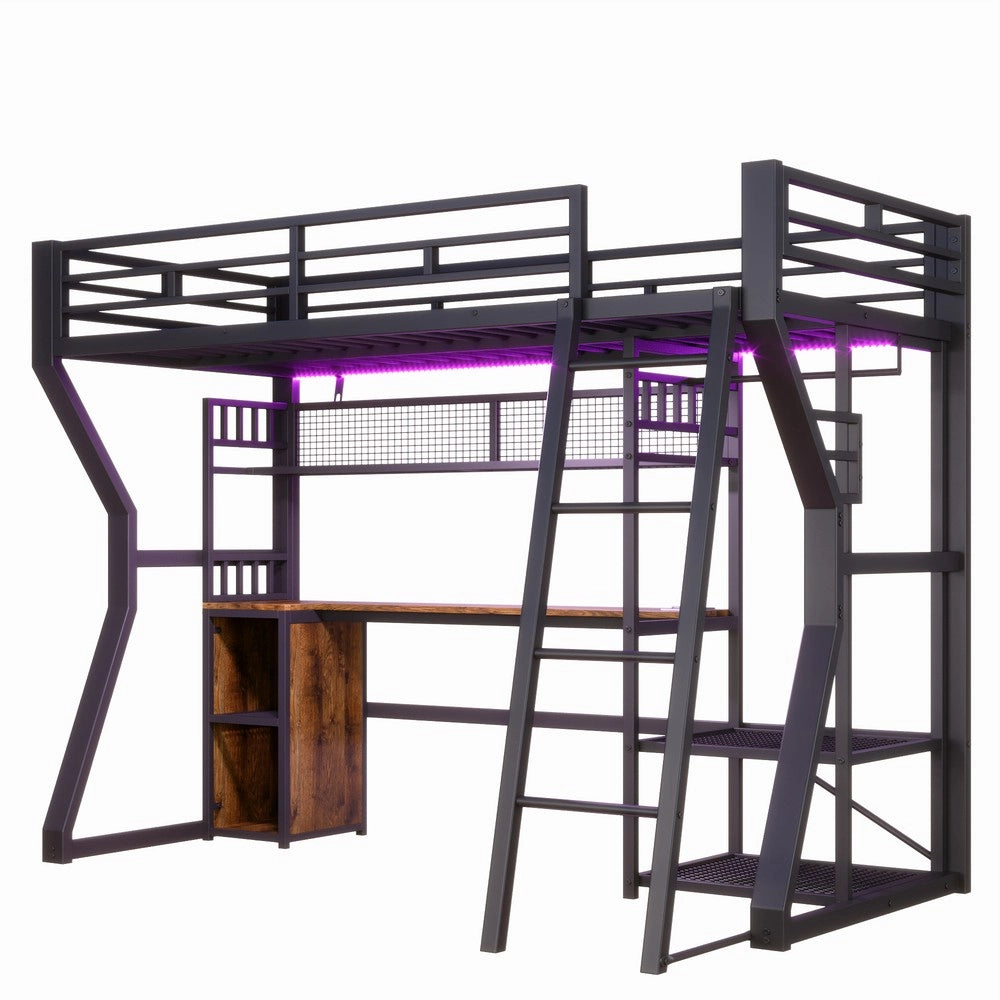 Letto a Soppalco con Scrivania e LED ¨C Xylo ¨C Nero 90x200, Metallo