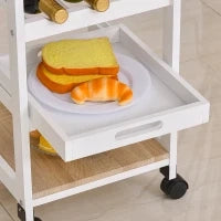 Carrello Da Servizio Carrello Da Cucina A Ruote 2 Ripiani + Piano Estraibile + Cassetto Legno Di Pino Bianco Quercia Chiara