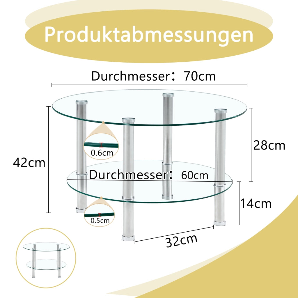TAVOLINO DA SALOTTO a 2 livelli Ø70/60 cm Vetro Trasparente e Metallo Argento