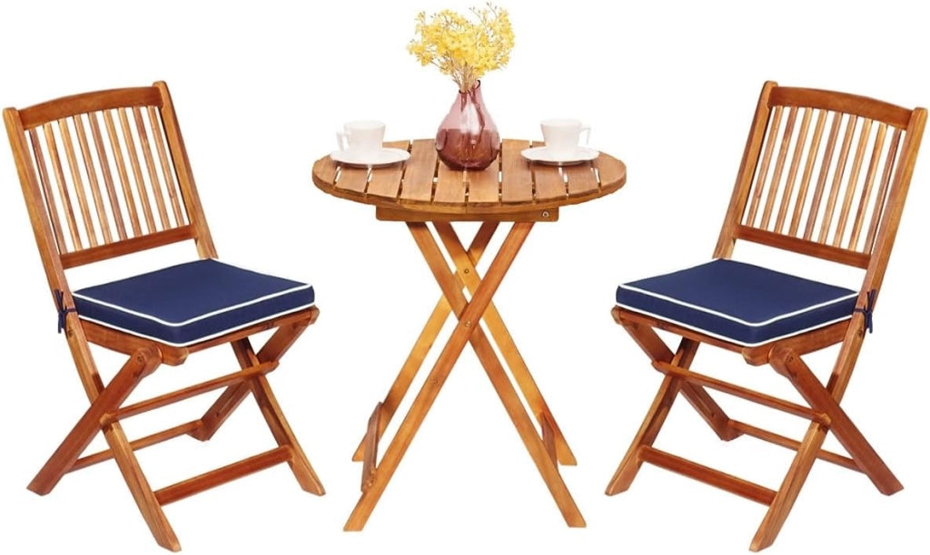 Set da Giardino 2 Posti in Legno di Acacia, Tavolo da Giardino Esterno con Sedia Pieghevole, 2 Cuscini Rimovibili, per Terrazza, Balcone, Bistrot (Grigio + Naturale)
