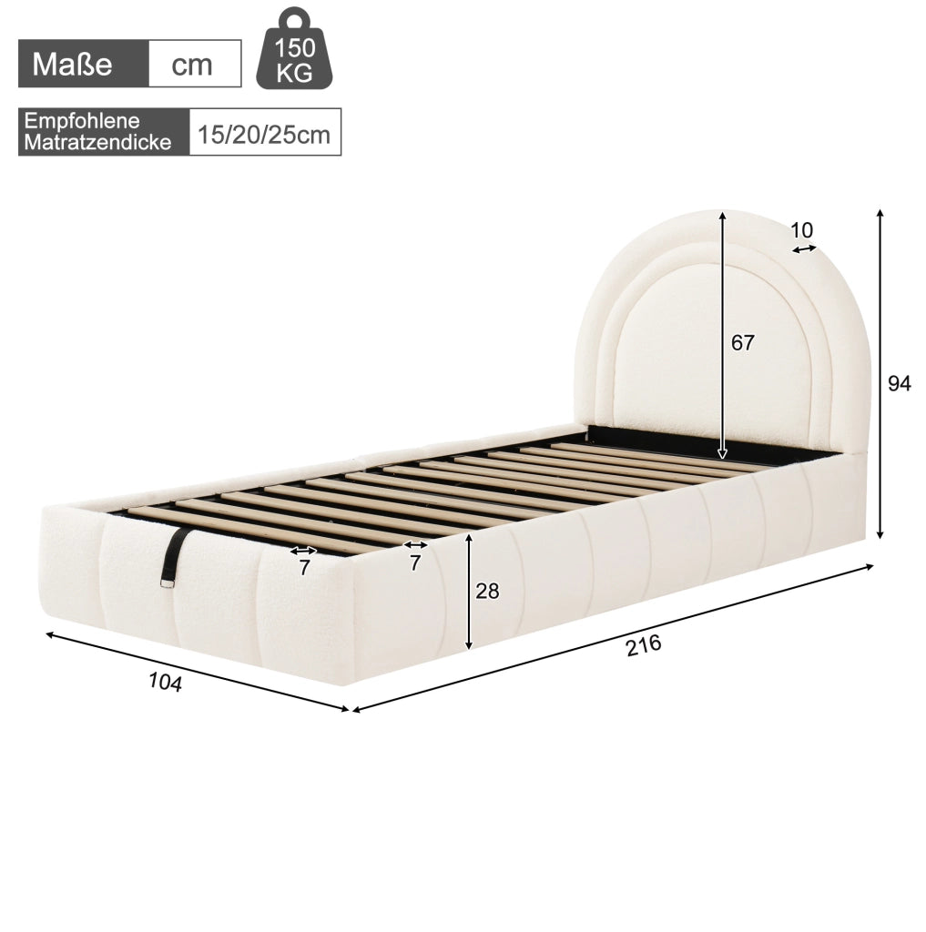 Letto singolo per bambini 90x200 cm con contenitore idraulico; rete a doghe; bouclé beige