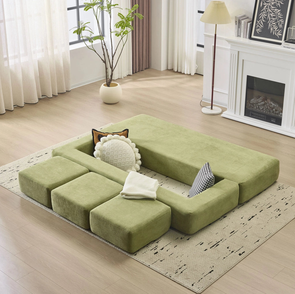 Divano letto da pavimento modulare in ciniglia verde