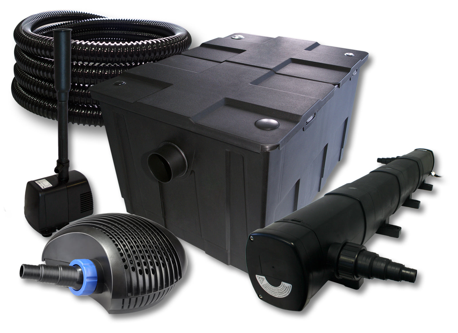 Set filtro per laghetto da 60000l Chiarificatore 72W Pompa ECO 40W Tubo 25m Pompa da fontana