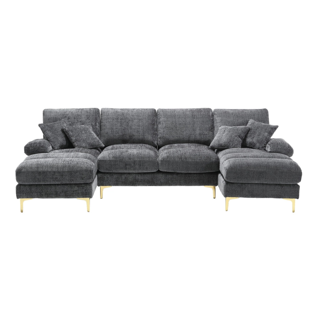 Divano a U 272x136x88 cm con due sedute reclinabili; struttura in legno; chenille grigio