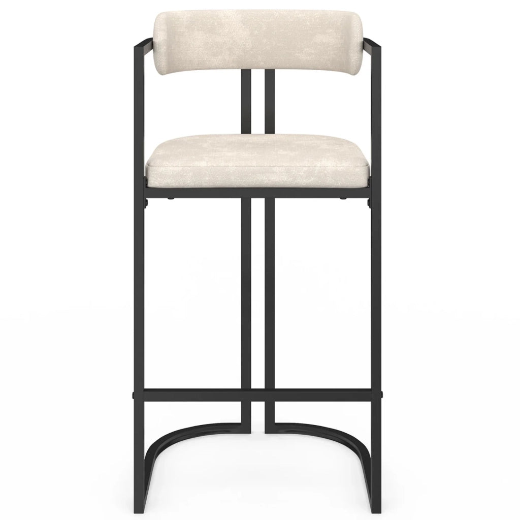 IDMarket - Set di 4 sgabelli da bar RONDY in tessuto ciniglia ecru con braccioli e gambe in metallo nero