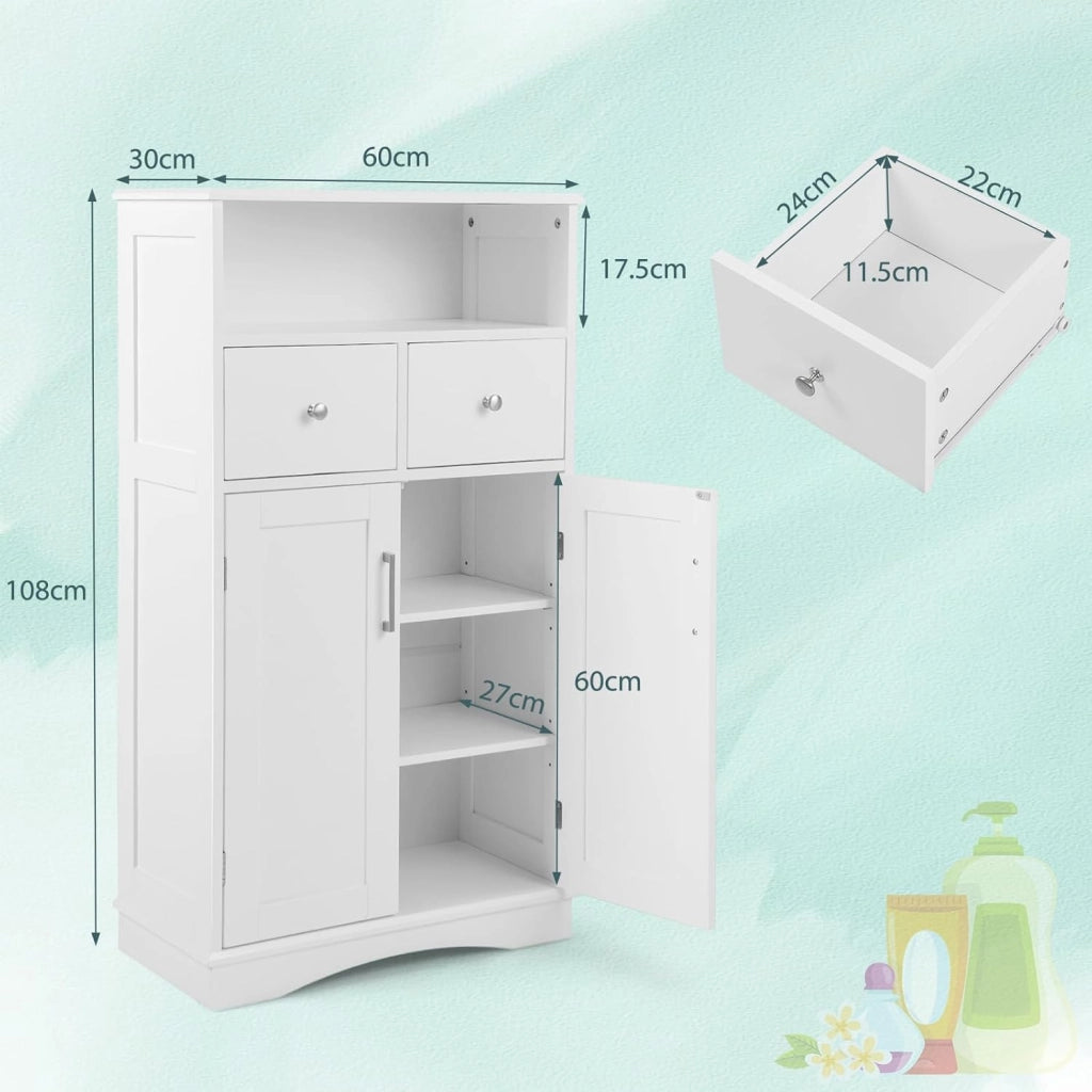 Armadietto da Bagno in MDF con Ripiani Regolabili, Mobiletto da Terra con 2 Ante e 2 Cassetti, Armadio Multifunzionale per Bagno, Soggiorno, Cucina, Bianco 60 x 30 x 108 cm (Bianco)