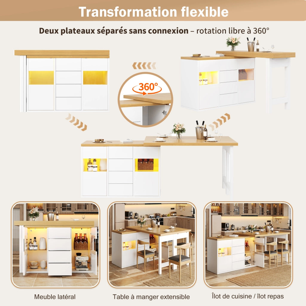 Credenza da cucina girevole a 360°; con 4 cassetti e porte in vetro; LED; per cucina e sala da pranzo