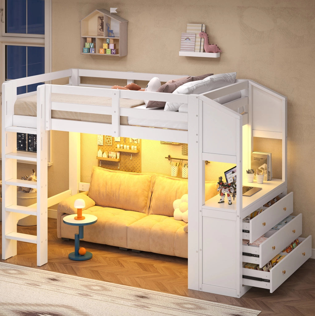 Letto a soppalco 90 x 200 cm con LED, 3 cassetti e ripiani bianco