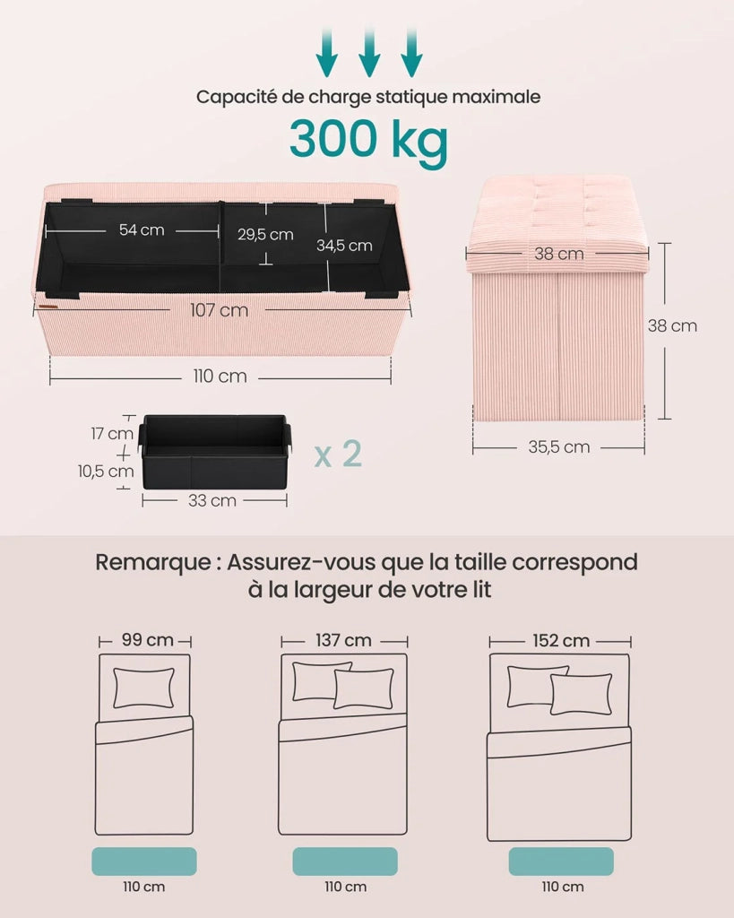 Panca/pouf contenitore pieghevole 38 x 76 x 38 cm poggiapiedi/testa letto cassapanca contenitore portata fino a 300 kg per soggiorno camera da letto ingresso rosa 12_0004169