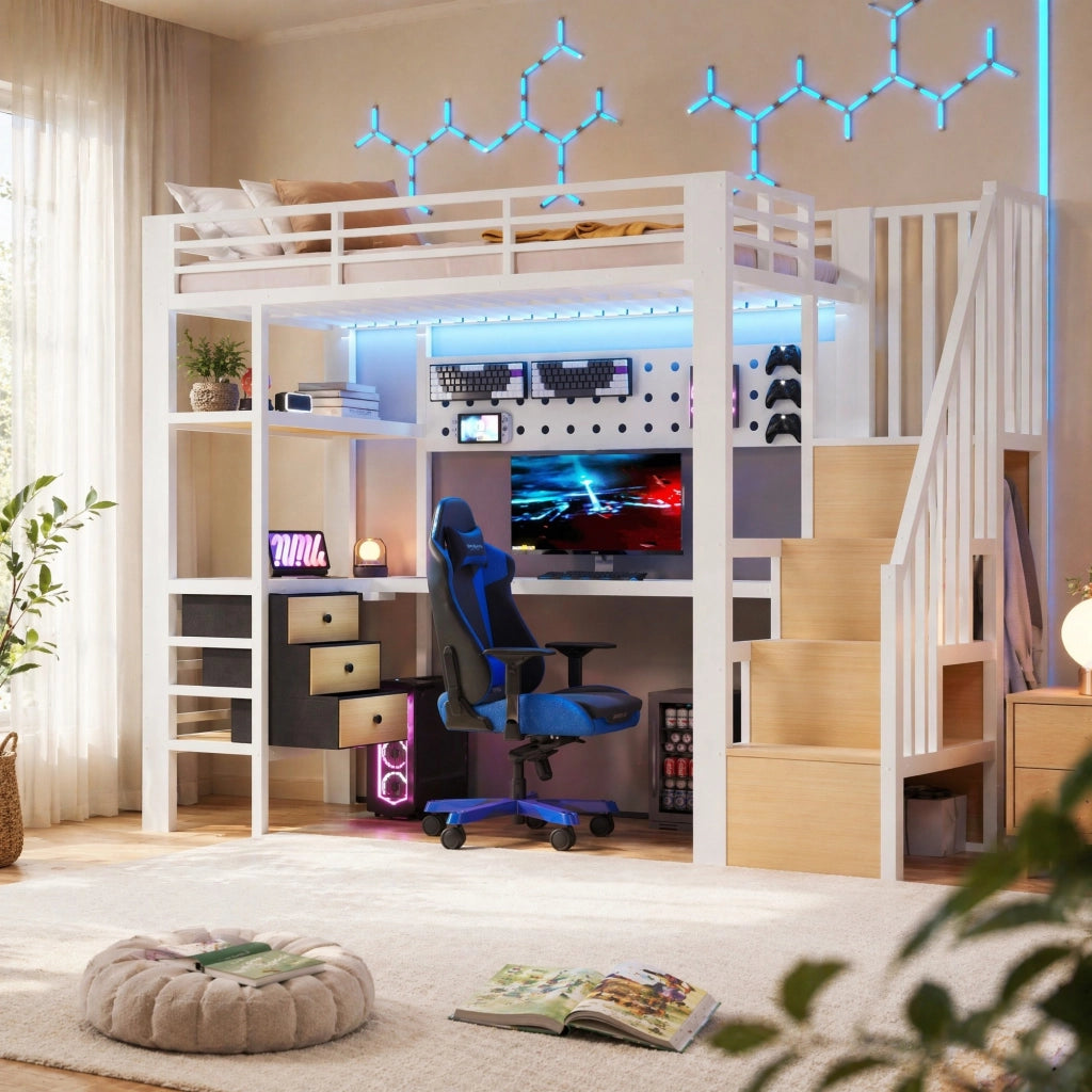 Letto a soppalco 90x200 cm con scrivania, LED e prese