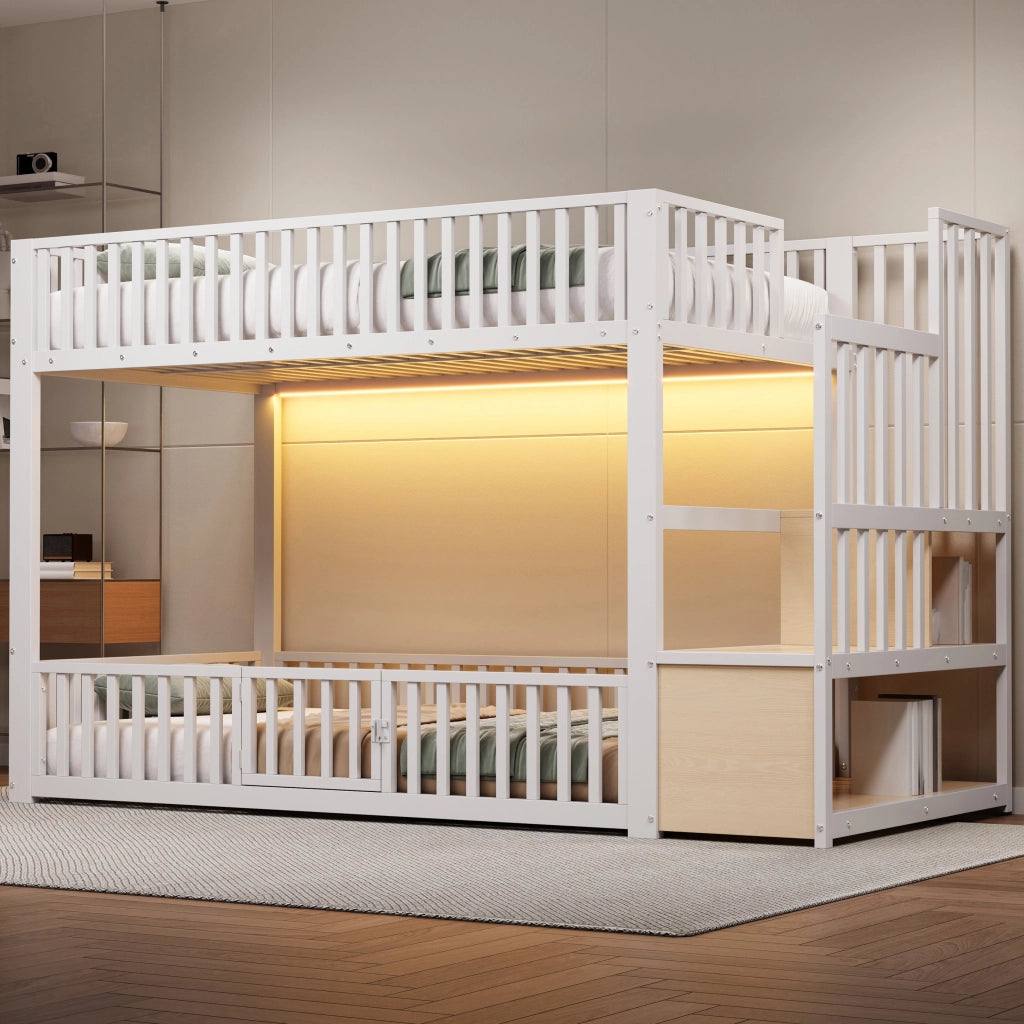 Letto a Castello 90x200 in Metallo Bianco con Scala Contenitore e LED Integrati