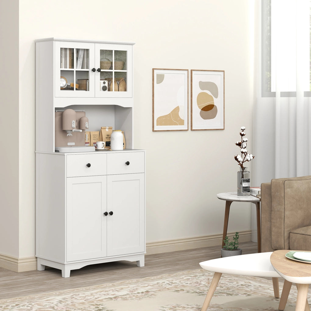Mobile alto da cucina con ripiano per microonde; 2 armadietti e 2 cassetti; bianco